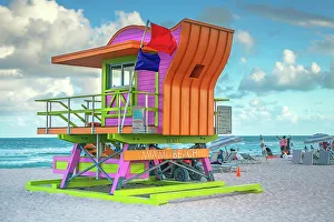 Cities Prints: Florida, Miami Beach, South Beach, lifeguard station at the beach
