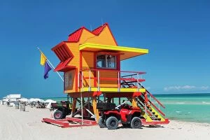 Images Dated 4th December 2023: Florida, Miami, South Beach, colorful lifeguard station at South Miami Beach