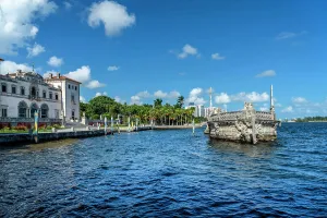 Florida, Miami, Villa Vizcaya, Vizcaya Museum and Gardens, View of Stone Barge and East Facade