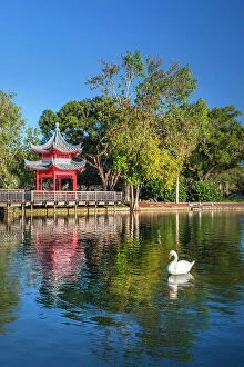 Images Dated 21st July 2019: Florida, Orlando, Lake Eola, Red Chinese Ting Pavilion