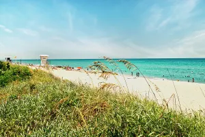 Grass Prints: Florida, Palm Beach, beach scene with lifeguard tower