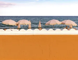 Stripe Prints: Florida, Palm Beach, colorful beach umbrellas facing the ocean