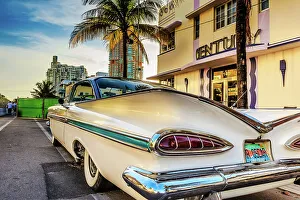 Florida, South Beach, classic car parked in front of the Century Hotel