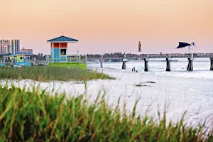 Atlantic Ocean Prints: Florida, South Florida, Boynton Beach pier at dusk, Hillsboro lighthouse in background