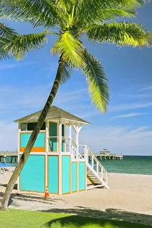 Deerfield Prints: Florida, South Florida, Deerfield Beach with pier and lifeguard station
