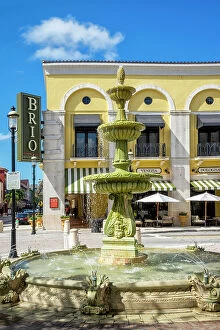 : Florida, West Palm Beach, City Place, water fountain with Brio restaurant sign