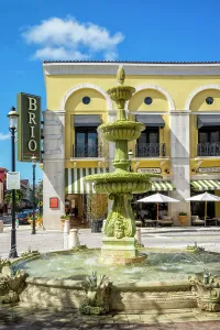 Waterfountain Prints: Florida, West Palm Beach, City Place, water fountain with Brio restaurant sign