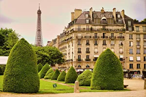 Icon Prints: France, Paris, garden and building near Eiffel Tower
