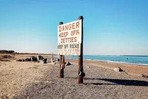Georgia Prints: Georgia, Tybee Island, Danger Keep off jetties sign on North beach