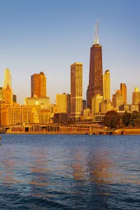 Vertical Prints: Illinois, Chicago, City Skyline with Water Reflection