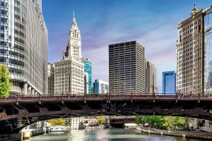Modern Prints: Illinois, Chicago, River Boat, view of Wabash Avenue Bridge