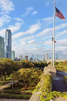 Chicago Prints: Illinois, Chicago, Skyline and USA Flags