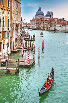 Cathdrale Prints: Italy, Veneto, Venice, Gondola on Grand Canal with Santa Maria della Salute in the background