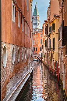 Italia Prints: Italy, Veneto, Venice, typical view of Architecture and canal with Saint Marks's Campanile in the background