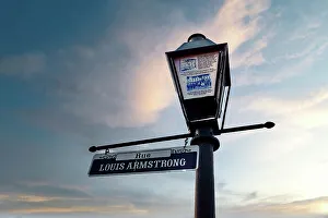 Location Prints: Louisiana, New Orleans, Rue Louis Armstrong, lamppost Woldenberg Park, riverfront