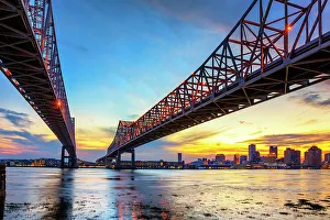 Cities Prints: Louisiana, New Orleans Skyline & The Crescent City Connection Bridges over the Mississippi River