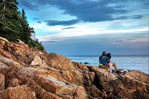 Harbor Prints: Maine, Bass Harbor, Couple on Rocks by Bass Harbor Head Lighthouse