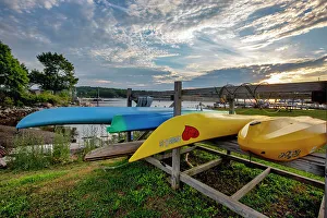 Maine, Belfast, canoes at Belfast Bay
