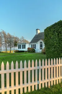 Fenced Prints: Massachusetts, Cape Cod, Chatham Tennis Club with beach in background