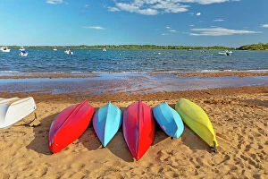 Images Dated 9th June 2020: Massachusetts, Martha's Vineyard, Colorful Kayaks laying at Menemsha Pond Beach