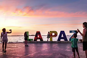 Malecn Prints: Mexico, La Paz, Malecon, La Paz sign, sunset, waterfront boardwalk