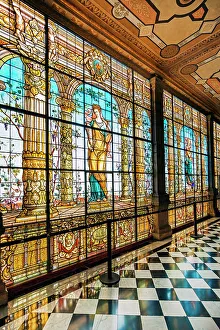 Inner City Prints: Mexico, Mexico City, Chapultepec Castle, detail of corridor with stained glass wall