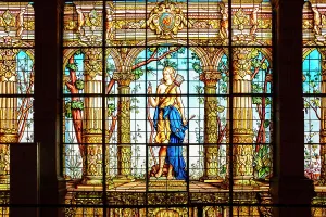 Mexico, Mexico City, Chapultepec Castle, detail of corridor with stained glass wall