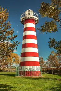 Tree Prints: New Jersey, Jersey City, Lefrak Lighthouse at Hudson River Waterfront scene