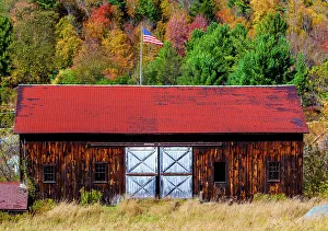 Door Prints: New York, autumn colors with old barn and American flag