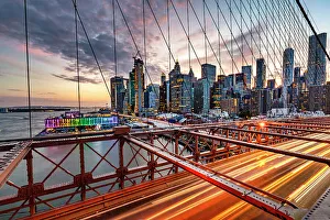 Harbor Prints: New York City, Brooklyn Bridge, Lower Manhattan views seen through suspension wire