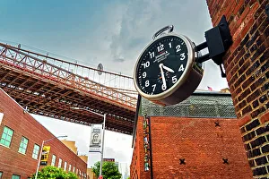 New York City, Brooklyn, DUMBO, clock on building with Brooklyn Bridge in background new york city brooklyn dumbo