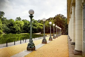New York City, Brooklyn, Prospect Park, Lampposts in front of the Boathouse on the Lullwater