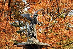Waterfountain Prints: New York City, Central Park, Manhattan, Angel of the Waters fountain in Autumn, foliage