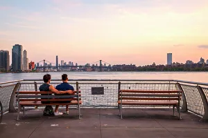 Blue Hour Prints: New York City, couple admiring view from WNYC Transmitter Park located in the Greenpoint neighborhood of Brooklyn