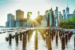 Images Dated 9th June 2020: New York City, East River, Manhattan, Lower Manhattan, downtown skyline at sunrise from Brooklyn