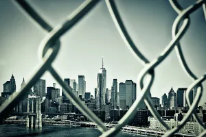 New York City, East River Scene with Lower East Side skyline viewed from Manhattan Bridge