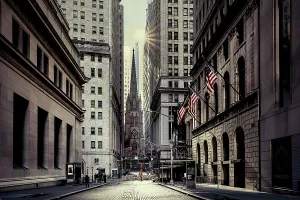 Cathdrale Prints: New York City, Lower Manhattan, Wall Street with view of Trinity Church