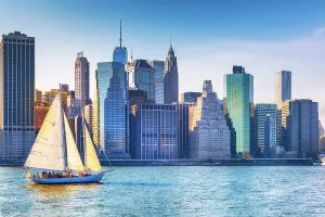 Spring Prints: New York City, Lower Manhattan skyline with sailboat, seen from Pier 2 in Brooklyn