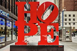 Cities Prints: New York City, Manhattan HOPE Sculpture by Robert Indiana on 7th Avenue