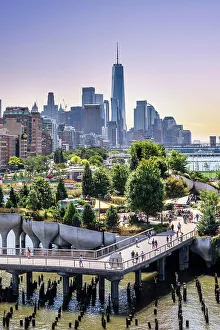 New York City, Manhattan, Little Island with Pilings at Pier 55 and Freedom Tower in the background