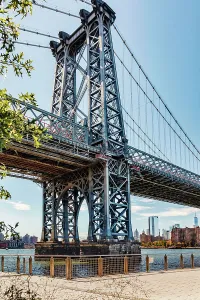 New York City, Williamsburg Bridge and Lower Manhattan Skyline, view of Freedom Tower