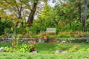 New York, Long Island, Roslyn Harbor, Clayton-Cedarmere Estates, home of William Cullen Bryant (an American poet), bench in garden