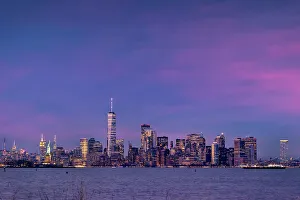 Freedom Tower Prints: New York, New York City, Lower Manhattan Skyline with Statue of Liberty, night