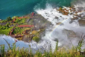 Falls Prints: New York, Niagara Falls, tourists on Pathway underneath waterfalls