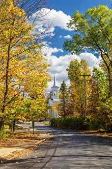 Cathdrale Prints: New York State fall colors, country road with church