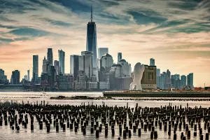 Water Front Prints: NJ, Newport Waterfront, Views of NYC with Water's Soul sculpture