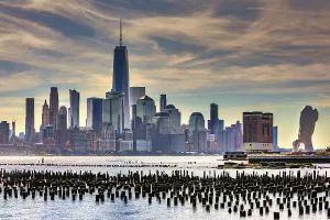 NJ, Newport Waterfront, Views of NYC with Water's Soul sculpture