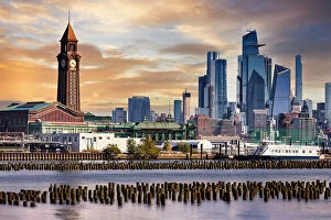 Images Dated 23rd October 2021: NJ, wooden pier pillars in the Hudson River, Erie Lackawanna Train Station in Hoboken