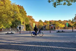 Bicycling Prints: NY, NYC, Central Park, biker along Bethesda Terrace