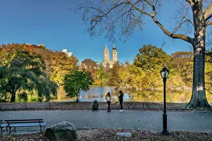 Tree Prints: NY, NYC, Central Park, path along lake, San Remo apartments in background